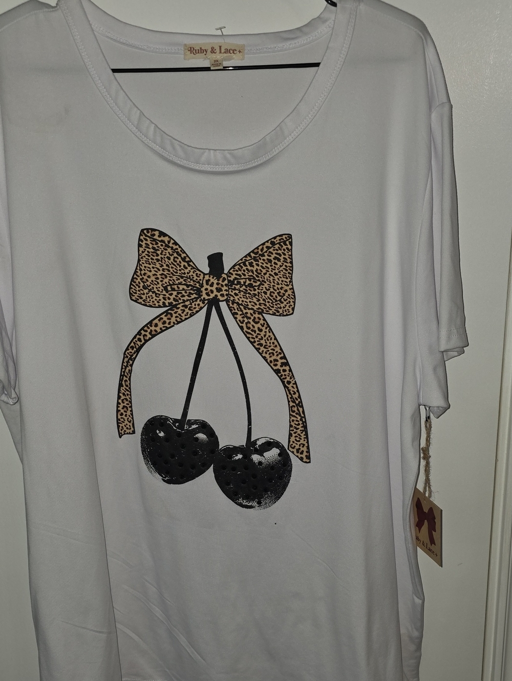 Ruby & Lace White Tee with Leopard Bow and Black Cherries W/Rhinestones